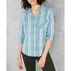 Dina Be Plaid Chambray Button Up Shirt Blouse Roll Tab Sleeves Pocket Blue Sz S